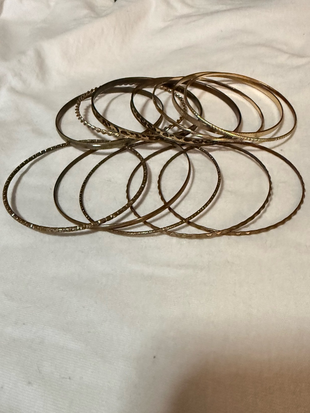 Gold Tone Stackable Bangle Bracelet Set Lot, Mixed Textured Styles, Size 9-9.5